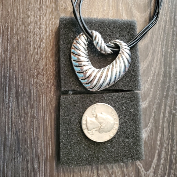Silver Stipe Heart Black Cord Necklace - Picture 2 of 5